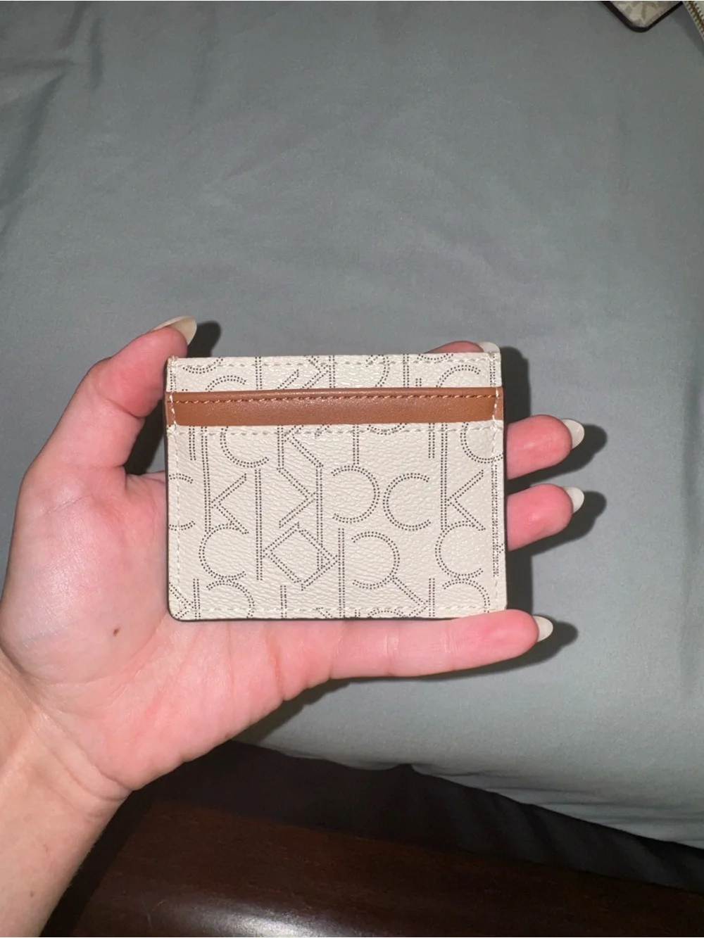 Calvin Klein Cream Monogram Card Case with Brown Trim